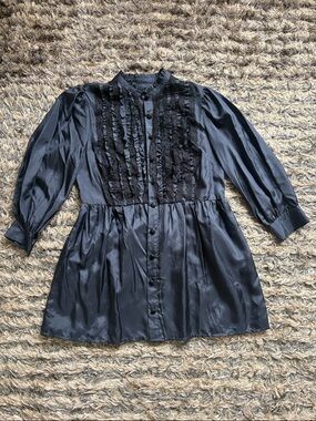 Navy Ruffled Lace Front Tunic Top 100% Silk Size S